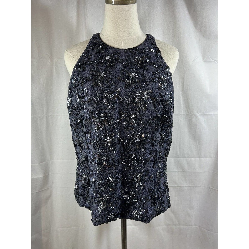 Karen Laurence by Matthew Vtg Sequins beads lace sleeveless formal blue top Lg ?